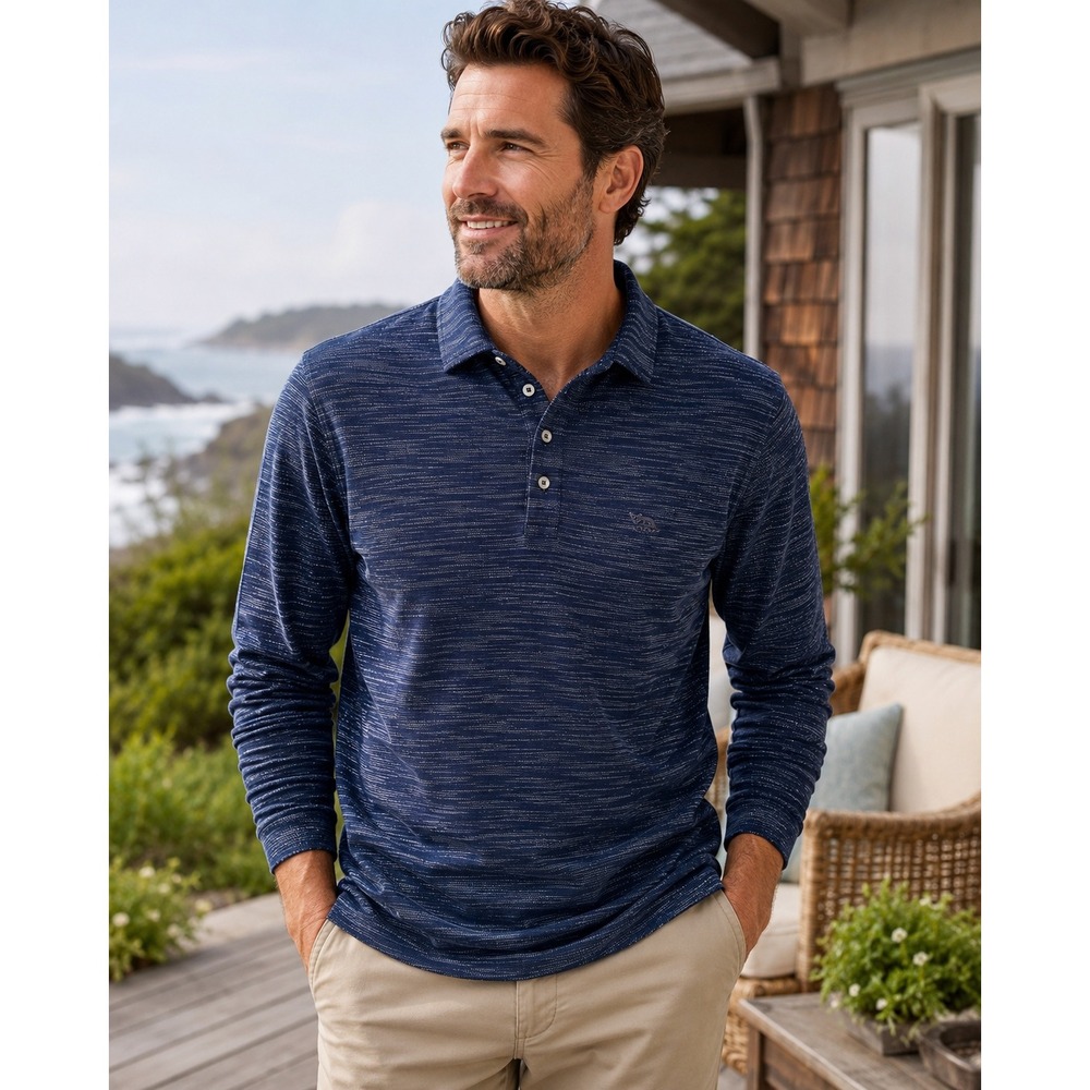 Rodd & Gunn Polo Shirt Mens 2XL Navy Blue Long Sleeve Sports Fit Textured Cotton